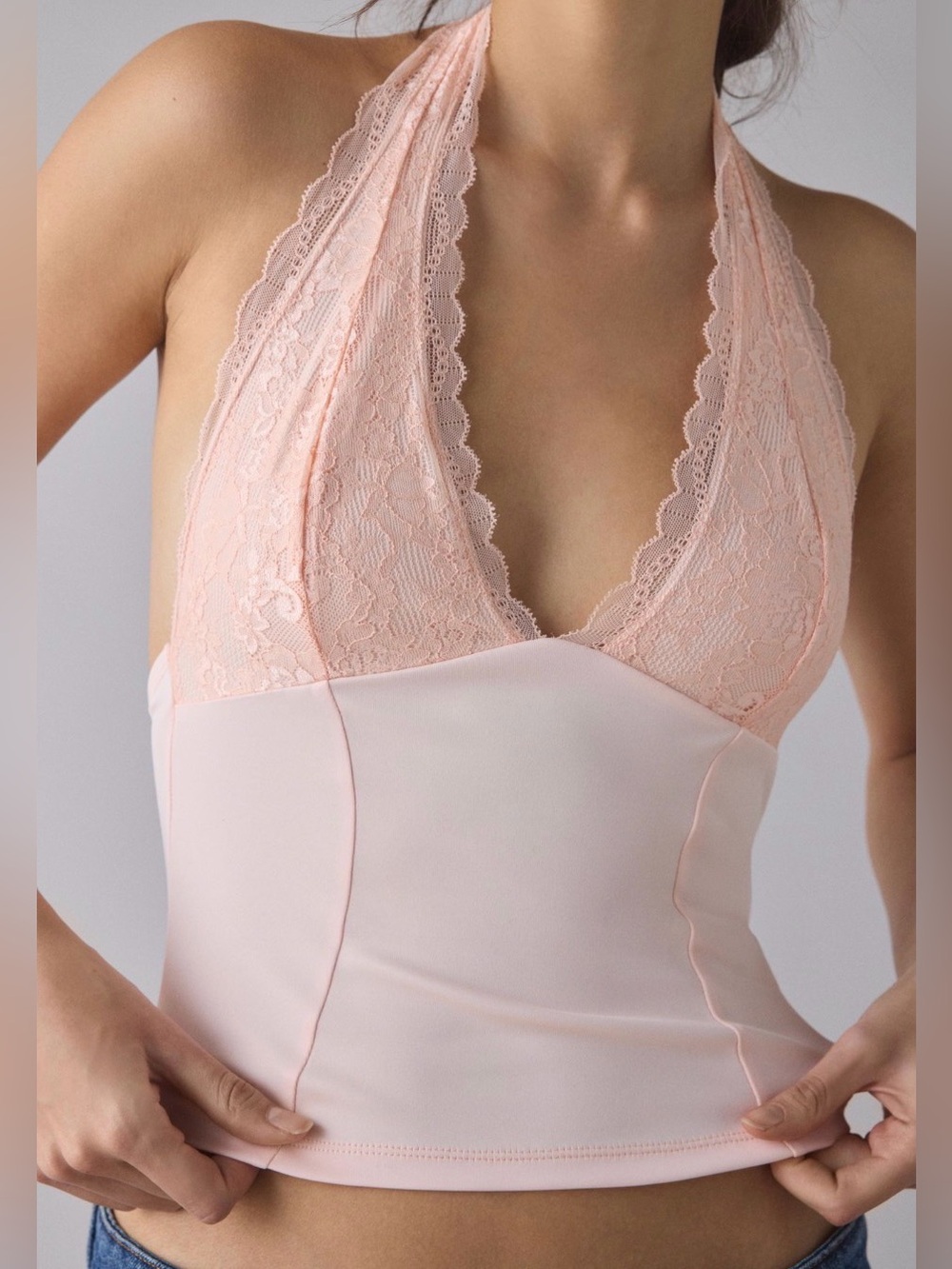 UO Luna Mixed Lace Trim Plunge Halter Top NWT